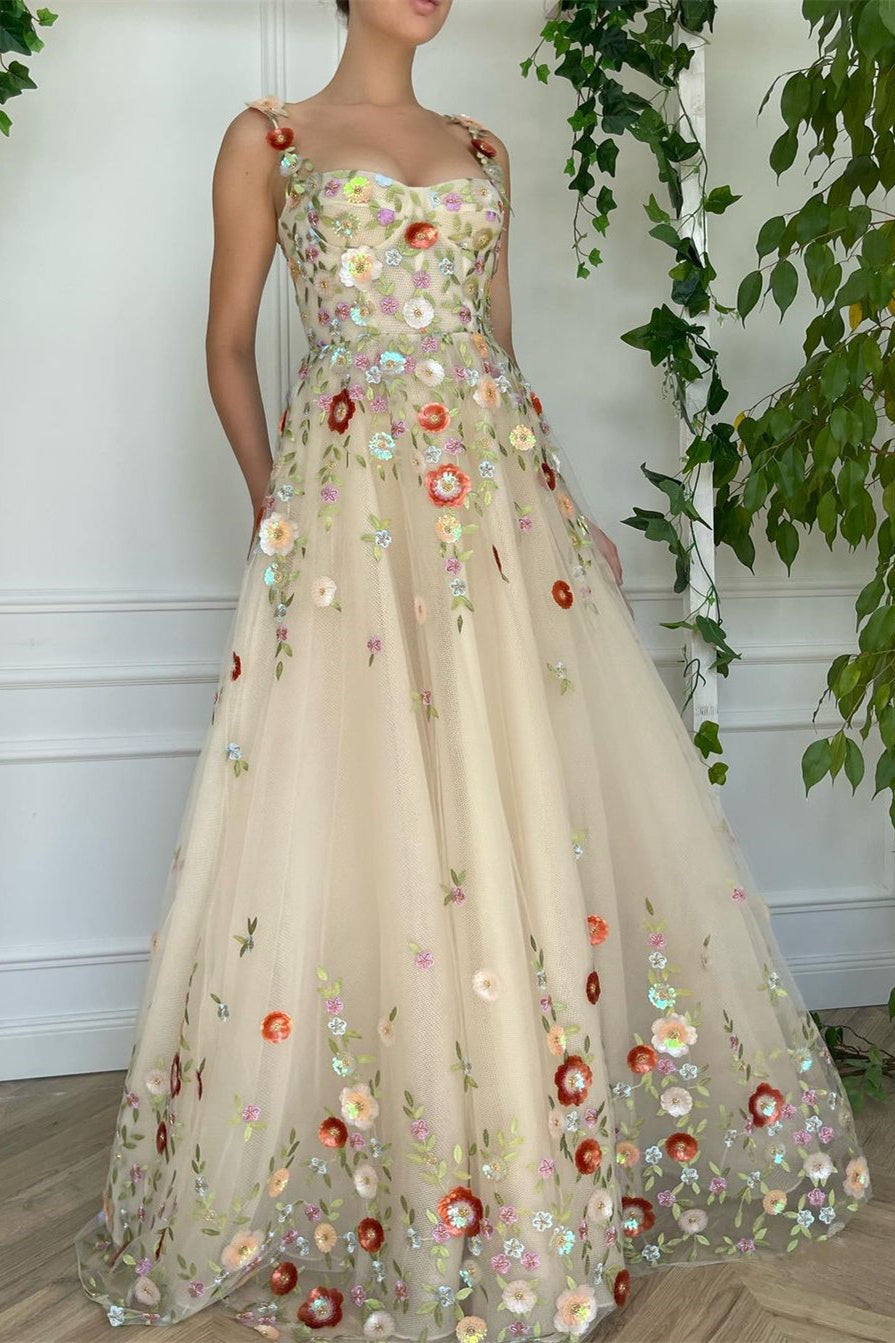 Beige Spaghetti Strap Evening Dress Flowers Appliques A Line Tulle