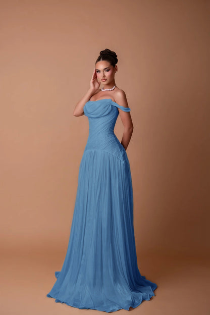 Charming White Off-the-Shoulder A-Line Evening Dress in Chiffon Pleated