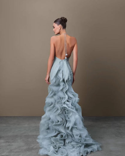 Elegant Blue Satin Halter Sleeveless Sequins Prom Dress with Ruffles