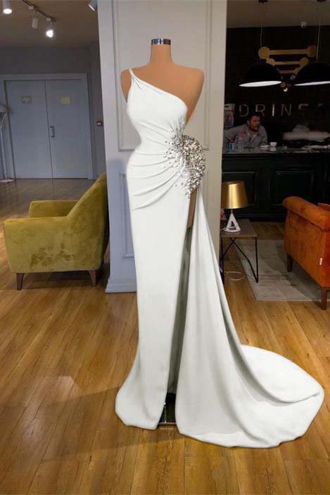 Spaghetti-strap Sequins One Shoulder Mermaid Prom Dress With Split