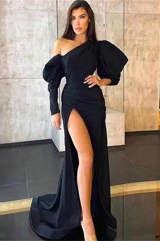 Black Mermaid Evening Dress Long Sleeve With Slit