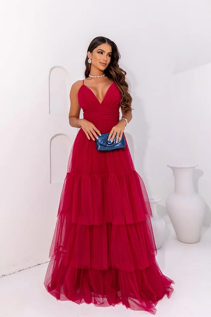 Red Sleeveless Spaghetti Straps Deep V-Neck A-Line Prom Dress