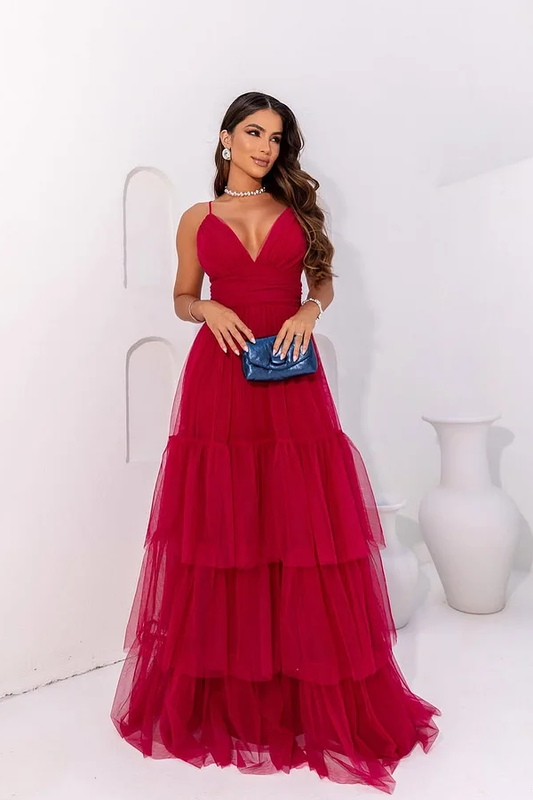 Red Sleeveless Spaghetti Straps Deep V-Neck A-Line Prom Dress