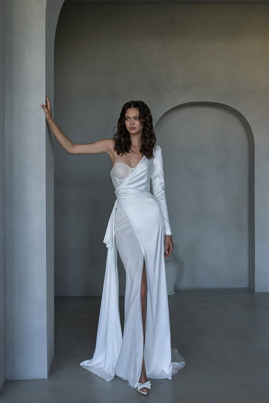 White One Shoulder Long Mermaid Prom Dress Slit with Sequins