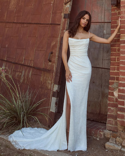 White Sleeveless Spaghetti Straps Mermaid Sequins Prom Dress