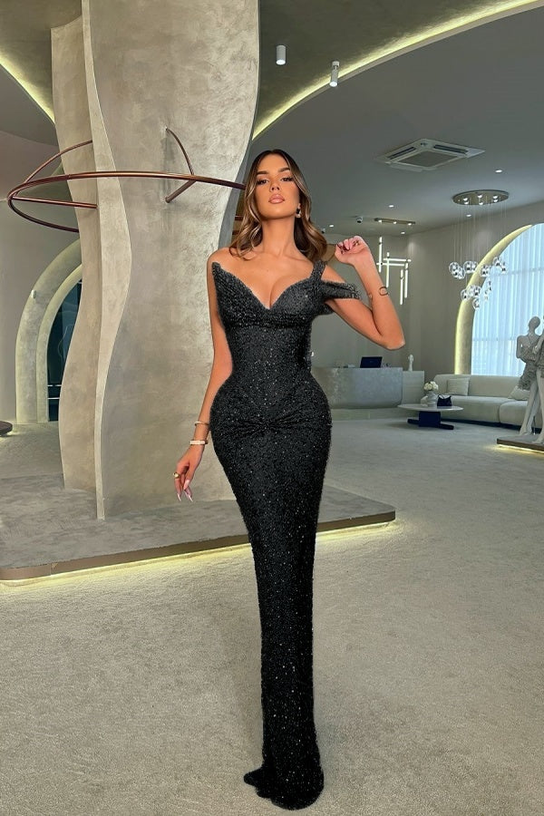 One Shoulder V-Neck Long Mermaid Prom Dress Sleeveless with Sequins