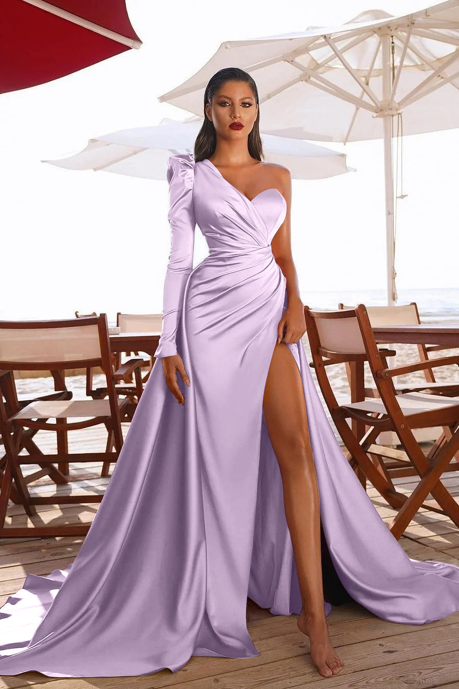 Glamorous One Shoulder Long Sleeves Prom Dres With Slit