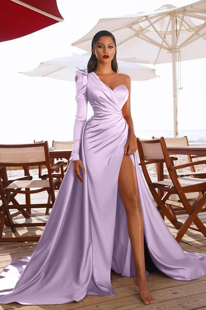 Glamorous One Shoulder Long Sleeves Prom Dres With Slit