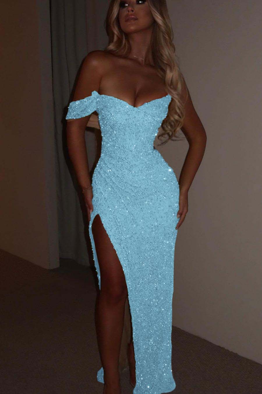 Glamorous Sequins One Shoulder Spaghtti Strap Long Pleated Prom Dress with Split