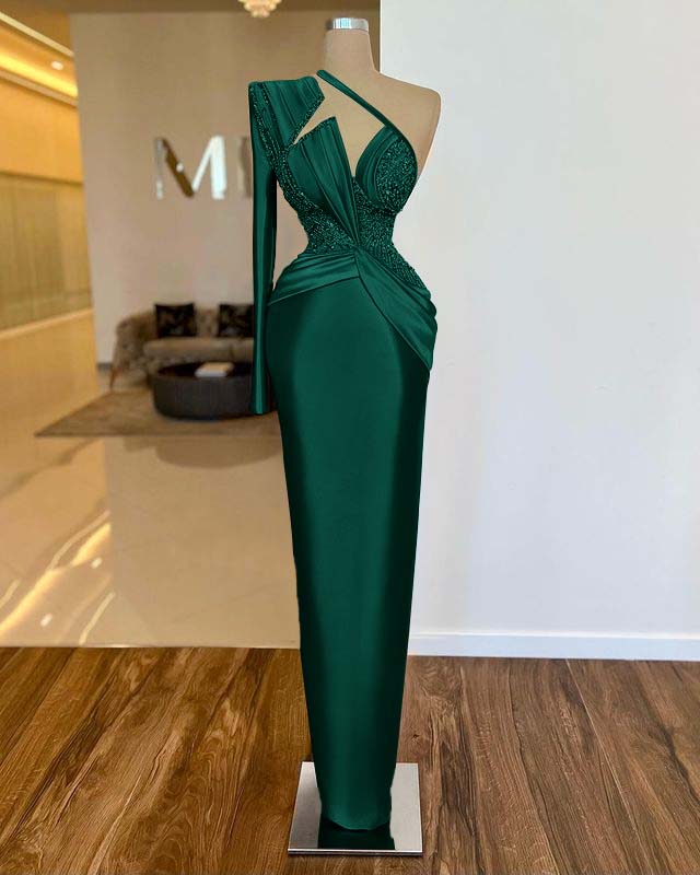 Noble Fuchsia One Shoulder Long Sleeve  Mermaid Evening  Dress With Beads