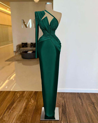 Noble Fuchsia One Shoulder Long Sleeve  Mermaid Evening  Dress With Beads