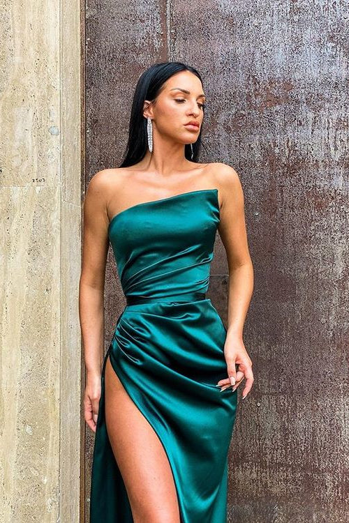 Strapless Long Dark Green Mermaid Evening Dress With Slit