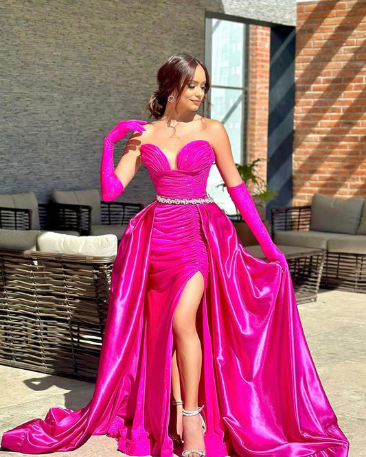 Fuchsia Sleeveless Strapless V-Neck Mermaid Beads Prom Dress With Gloves