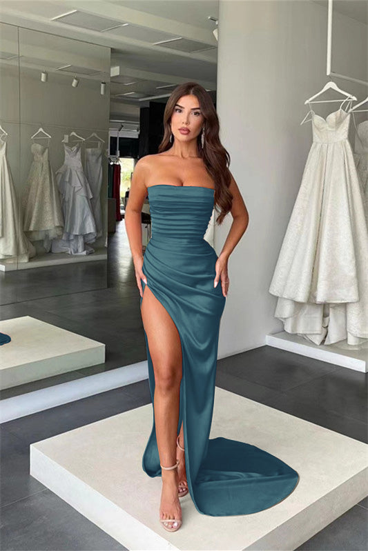 Amazing Coral Strapless Mermaid Prom Dress With Pleats Slit
