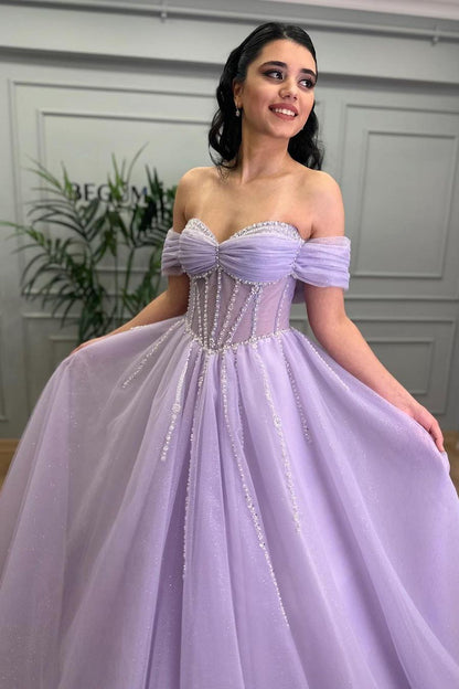 Exquisite Purple Tulle Off the Shoulder Strapless Prom Dress with Rhinestone