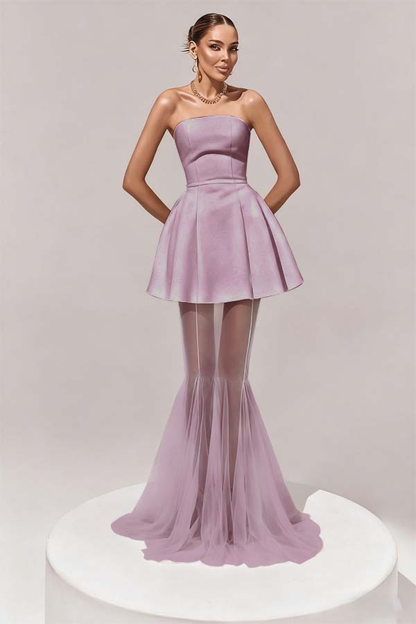 Stunning Black Sleeveless Strapless Prom Dress with Removable Hem