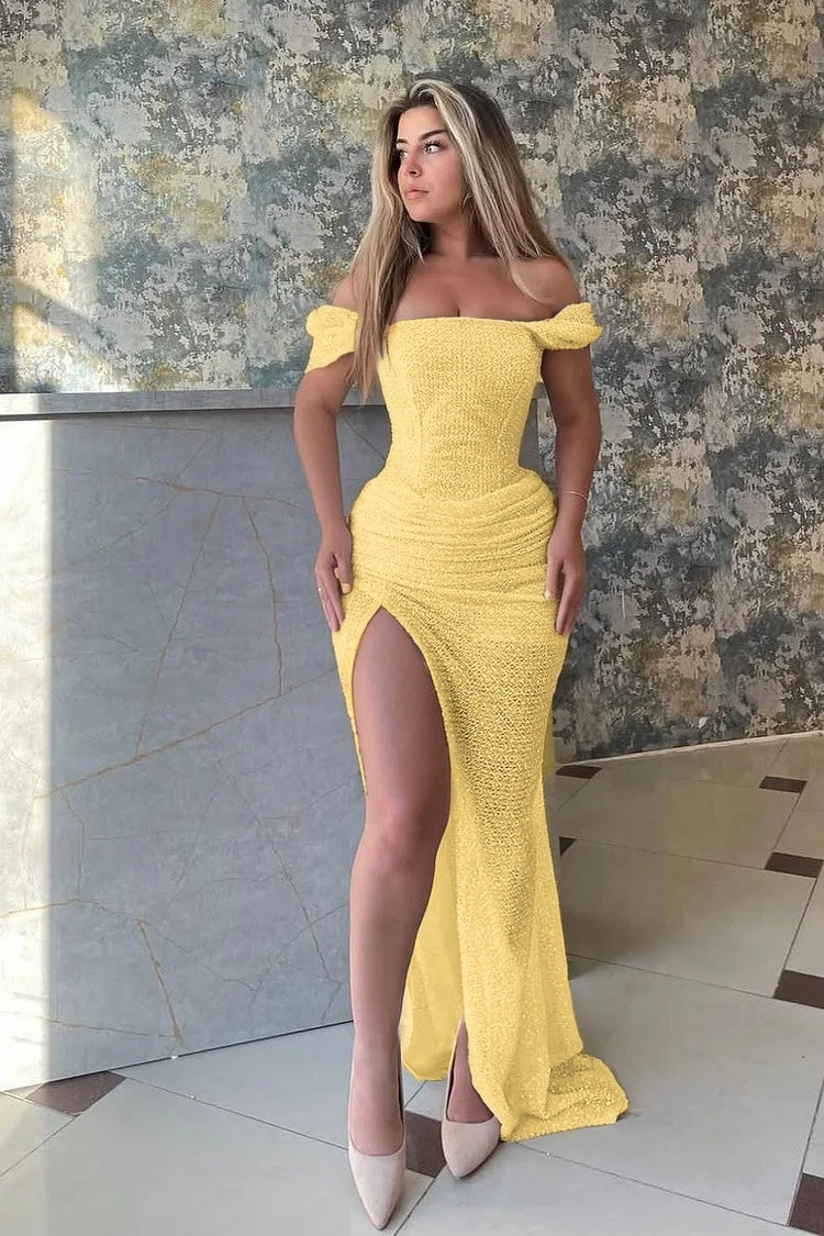 Sleeveless Square Off Shoulder Split Prom Dress With Sequins