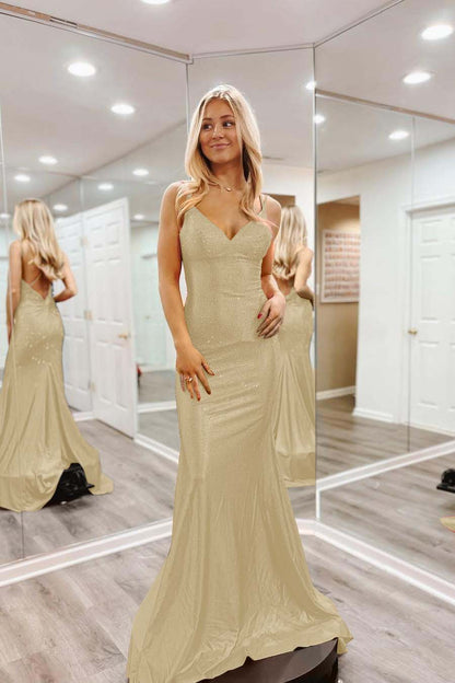 Shinning Orange Spaghtti Strap Sleeveless V Neck Mermaid Prom Dress with Beadings