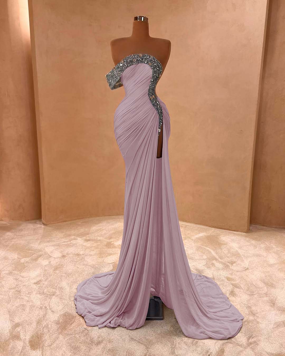Light Purple Sleeveless Strapless Mermaid Beads Prom Dress