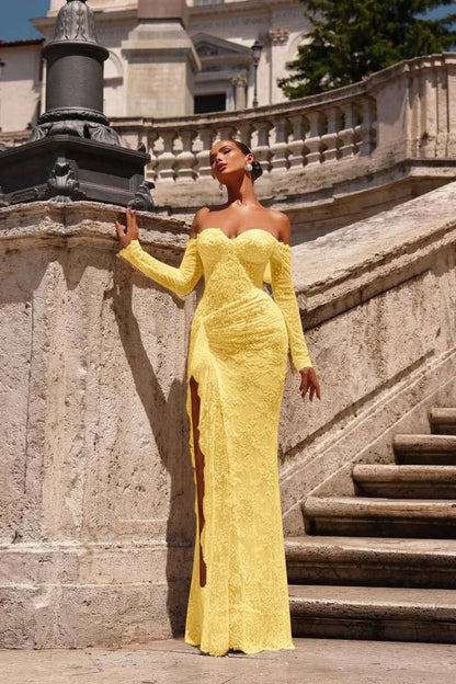 Champagne Lace Strapless Split Prom Dress With Long Sleeves