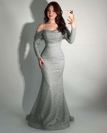 Glamorous Off-The-Shoulder Long Sleeves Beads Mermaid Prom Dress