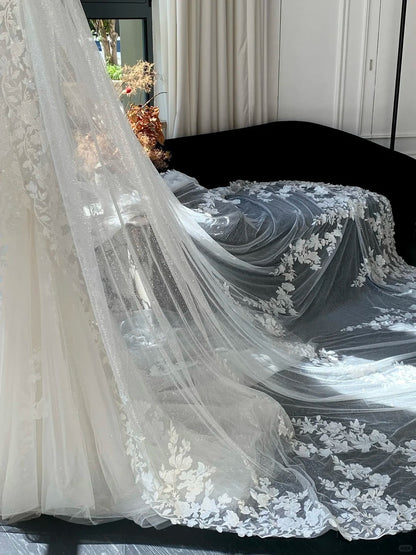 Retro White Mermaid Off-the-Shoulder Herringbone Lace Tulle Wedding Dress with Train P4082