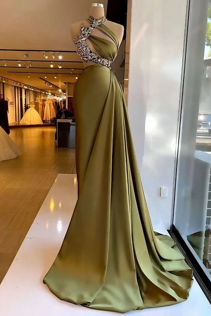Satin Stunning Beading Sleeveless Long Prom Dress with Ruffle