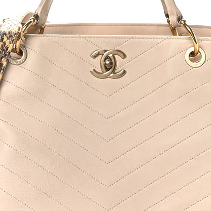 Calfskin Elaphe Stitched Large Chevron Chic Shopping Bag Beige