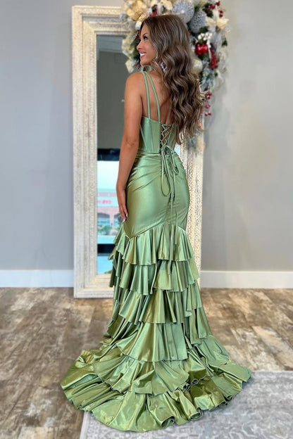 Charming Dusty Sage Satin Spaghtti Strap Sleeveless Long Split Prom Dress with Ruffles