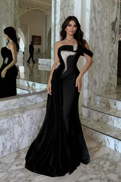 Elegant Pink Satin One Shoulder Beaded Strapless Prom Dress with Train