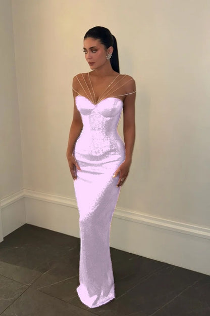 Sparkly Silver Off-the-Shoulder Evening Dress Sleeveless With Sequins