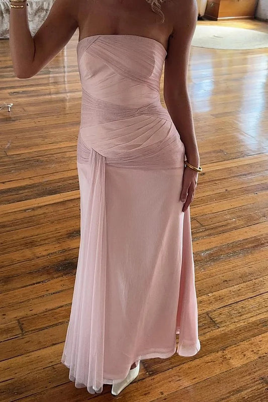 Chic Strapless Sleeveless Long Mermaid Prom Dress With Pleated