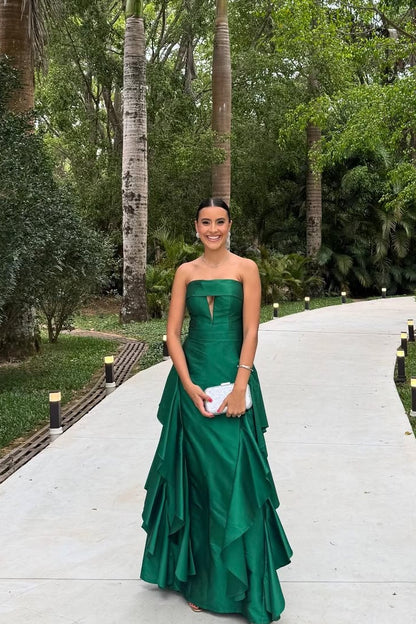 Dark Green Sleeveless Strapless A Line Long Prom Dress With Pleated