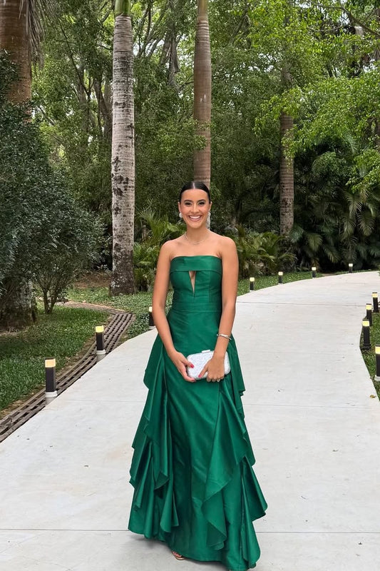 Dark Green Sleeveless Strapless A Line Long Prom Dress With Pleated