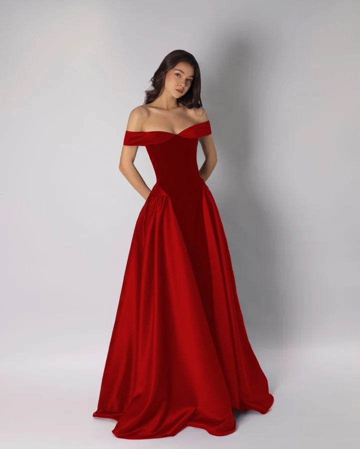 Classic Dark Purple Off-The-Shoulder Pleated A-Line Evening Dress