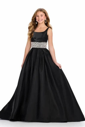 Satin A-Line Square Sleeveless Beaeded Empire Girl Pageant Dress