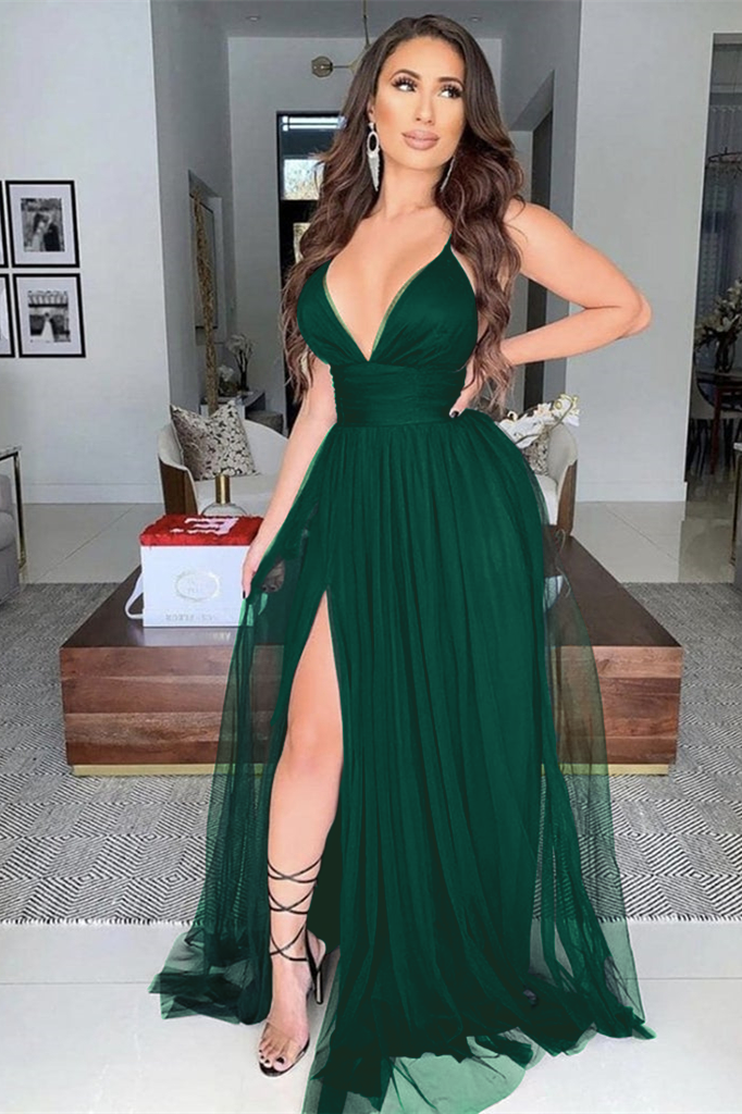 Black Modern V-Neck Prom Dress With Slit