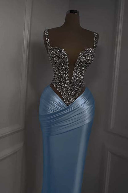 Charming White Satin Spaghetti Strap Sleeveless Pleated Prom Dress with Beadings