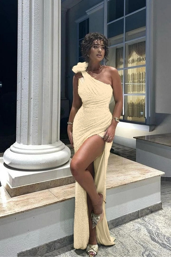 Glamorous Sequins One Shoulder Sleeveless Pleated Long Prom Dress with Split
