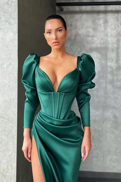 V-Neck Long Sleeves Mermaid Prom Dress With Slit