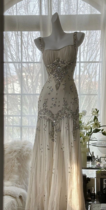 Chic Ivory Chiffon Beaded Mermaid Long Party Dress Evening Dresses D1971
