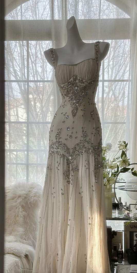 Chic Ivory Chiffon Beaded Mermaid Long Party Dress Evening Dresses D1971