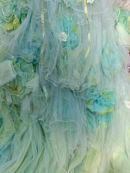 Green Ombre Ball Gown Spaghetti Strap Floral Tulle Long Prom Dress Evening Dress SH3718