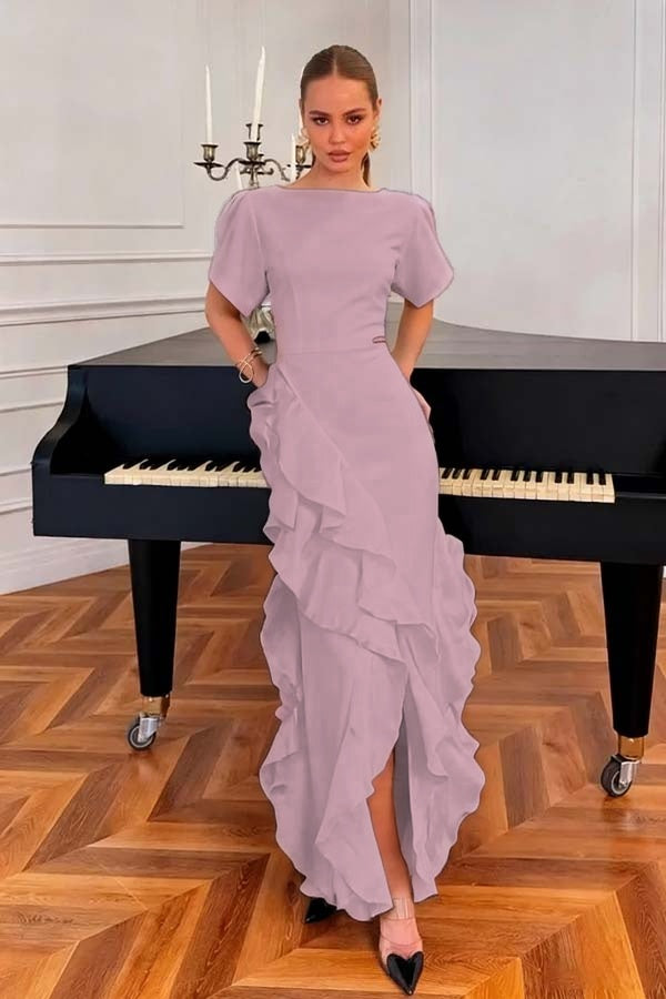 Charming Black Jewel Neck Short Sleeves Ruffles Split Evening Dress