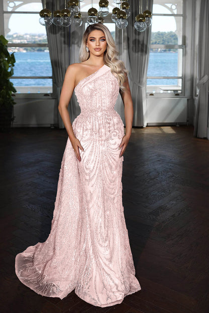 Charming Burgundy One Shoulder Sleeveless Long Mermaid Prom Dress with Beadings