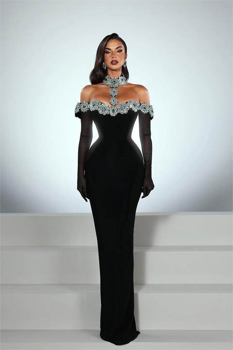 Charming Black Satin Long Sleeves Off the Shoulder Prom Dress with Beadings