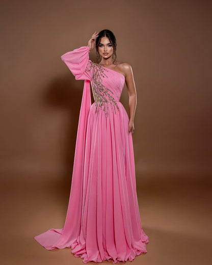 Pink Draped One-Shoulder Dress with Sparkling Embellishments