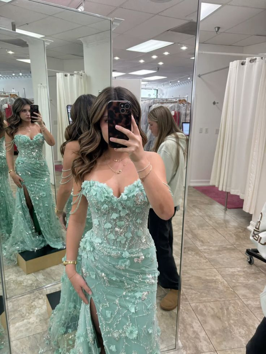 Mint Green Long Prom Dress Flower Lace Long Party Dress fg8198