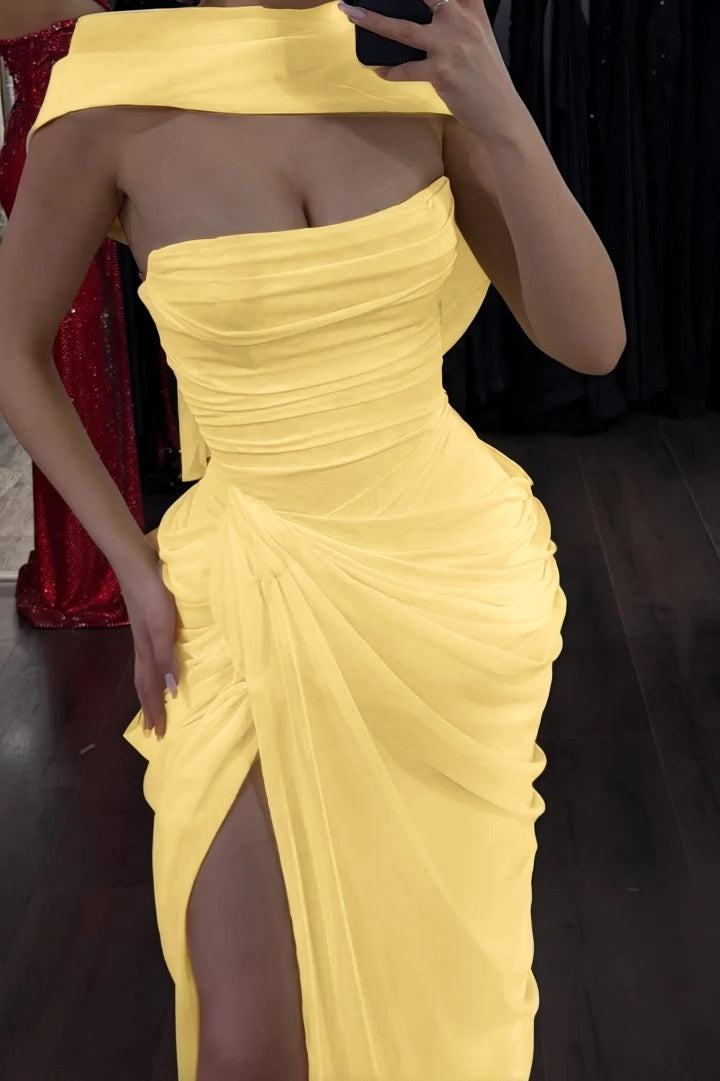 Elegant Yellow Sleeveless Strapless Split Long Evening Dress With Scarf