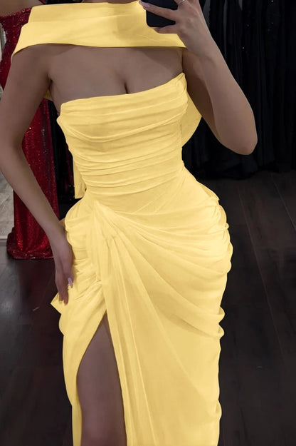 Elegant Yellow Sleeveless Strapless Split Long Evening Dress With Scarf